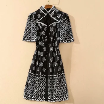 

HIGH QUALITY New Stylish Fashion 2020 Designer Runway Women's Stand Collar short sleeve Drawstring Hollow Out Embroidery dress