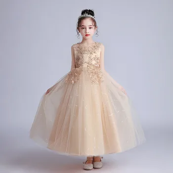 

Girl's formal dress O neck sleeveless long ponchos piano show host summer princess birthday ceremony wedding flower girl dress