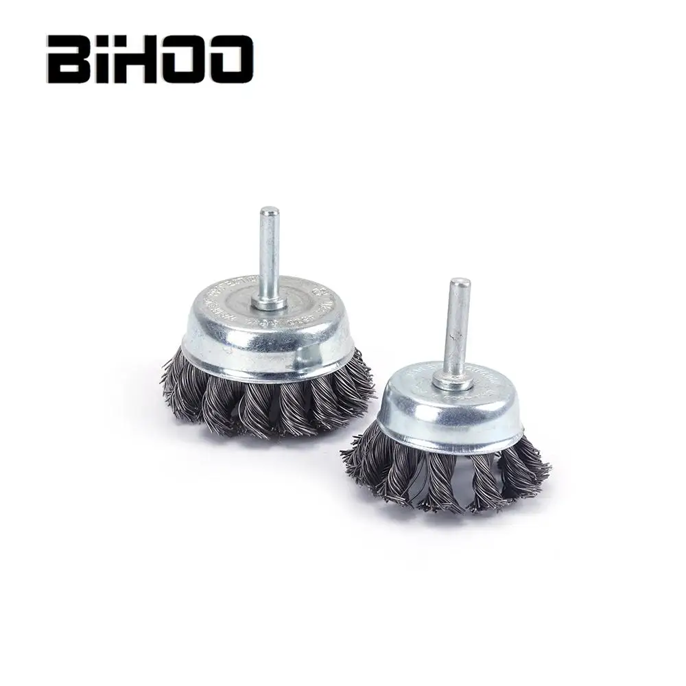 

2Pcs/Set Twist Knotted Wire Wheel Cup Brush 65mm + 75mm with Shank 6mm Perfect for Rust Removal Corrosion Paint