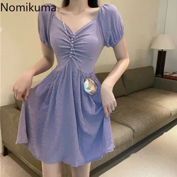 

Nomikuma Elegant V Neck Short Sleeve Dress Women Solid Color Slim Waist Summer Dresses Female Korean Fashion Vestidos 3b017