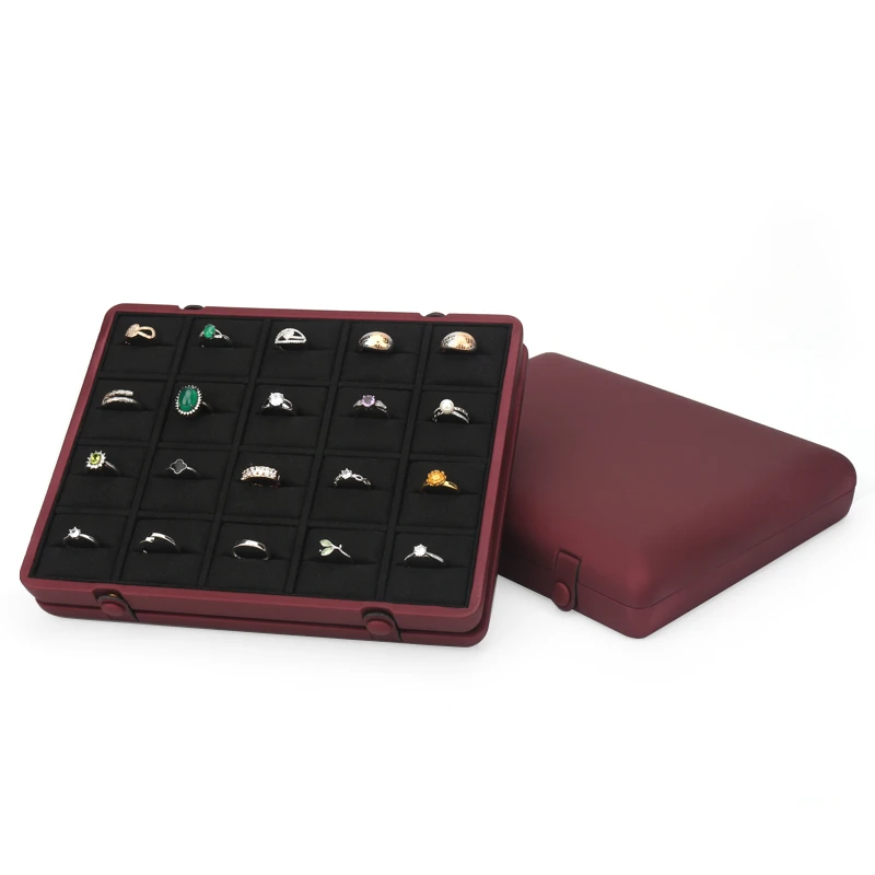 New Listing 12 Cells Retro Red Concealed Button PU Leather Jewelry Ring Pendant Display Tray For Organizer Holder Rack Stand