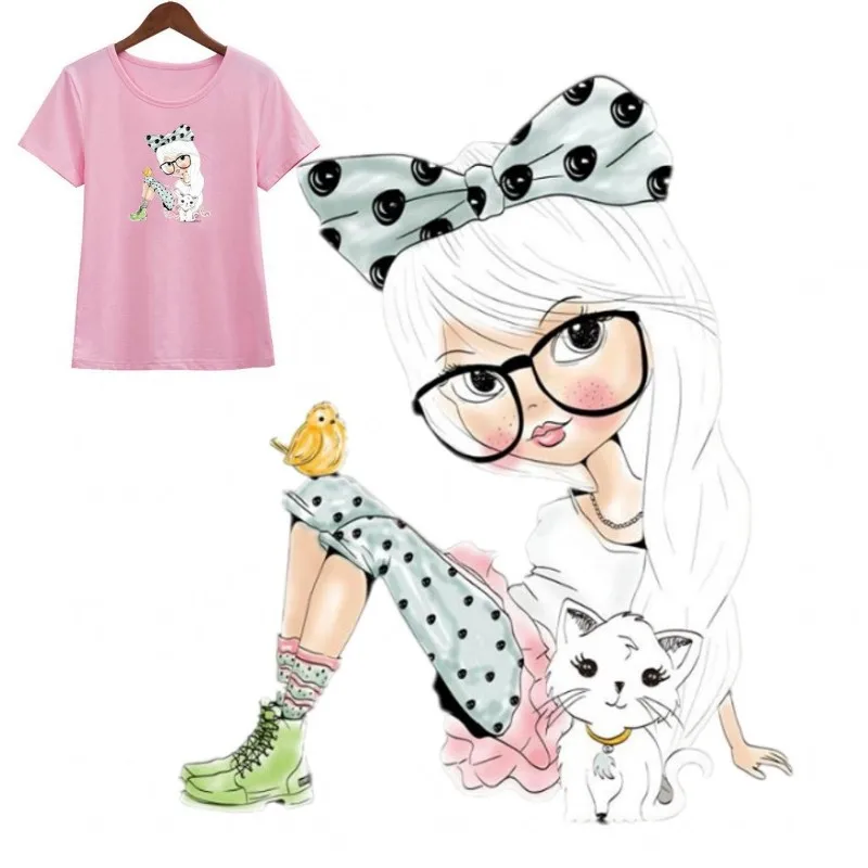 

Cute Cat Bow Girl Iron On Patches DIY Accessory Heat Transfer Washable Stickers For Clothes Bag Print Hoodies Jeans