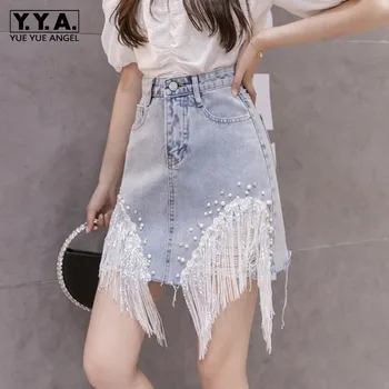 

Irregular Tassel Patchwork Denim Skirts Womens Summer A-Liner Wrap Mini Skirt Street Wear Light Blue Beading Cowgirl Skirt