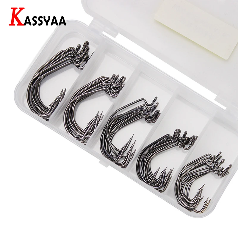 

50pcs Wide Crank Fishing Hooks Offset Barbed Carbon Steel Fishhooks Black #1 #2 #1/0 #2/0 #3/0 Carp Bass Soft Worm Lure Fishing
