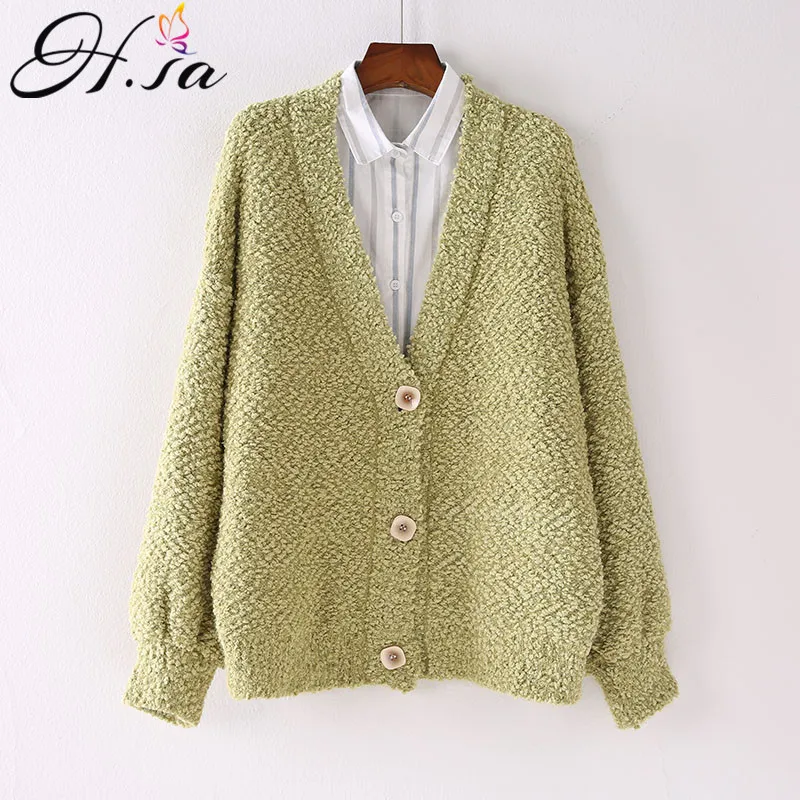 

H.SA 2019 Women Casual Sweater Cardigans Low V neck Button Up Oversized Knit Jacket Coat All Match Christmas Beige Jacket Outer