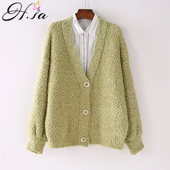 

H.SA 2019 Women Casual Sweater Cardigans Low V neck Button Up Oversized Knit Jacket Coat All Match Christmas Beige Jacket Outer