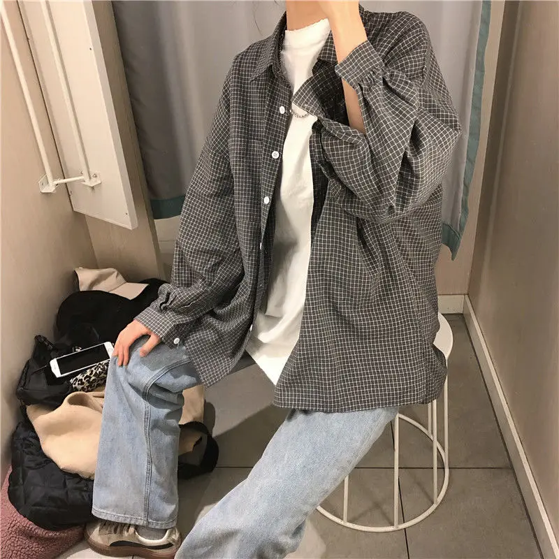 ulzzang, com bolsos, botão, blusa para estudantes, folgada, primavera