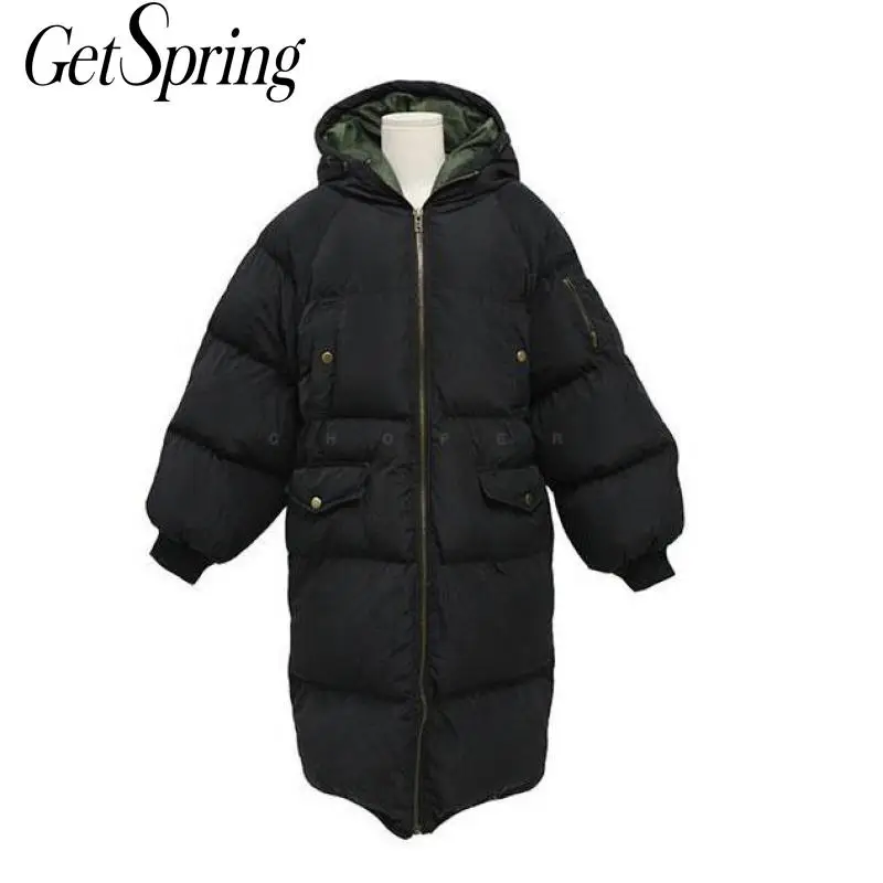 GetSpring Женское пальто женская зимняя дутая куртка черный зеленый цвет длинные