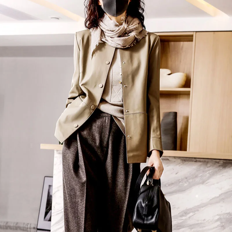 

Women's fall winter luxury Real sheepskin Leather Jacket Basic Single Breasted Workwear genuine leather blazers coats