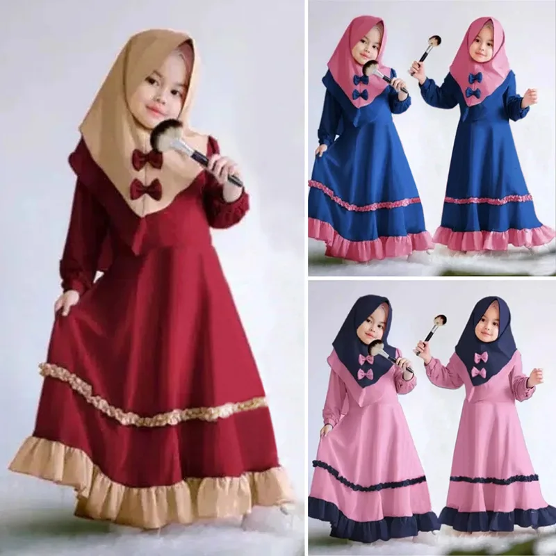 2PCS Muslim Kids Girls Long Sleeve Dress Prayer Hijab Set Clothes Abaya Islamic 