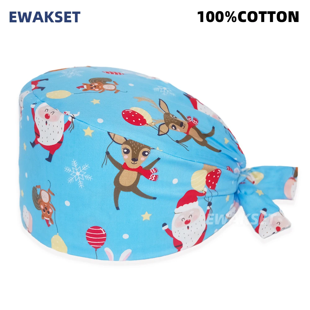 100%Cotton Nursing Hat Scrub Dental Cap Laboratory Pet Shop Medical Surgeon Spa Nurse Adjustable Scrubs Caps Christmas Printed