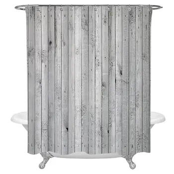 

Grey and White Bath Curtain,Vertical Lined Wooden Board Background Black and White Tone Vintage Planks Picture Fabric Shower
