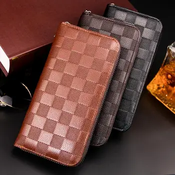 

Men Long Zip Wallet Plaid Clutch Multifunctional Large Capacity Wallet