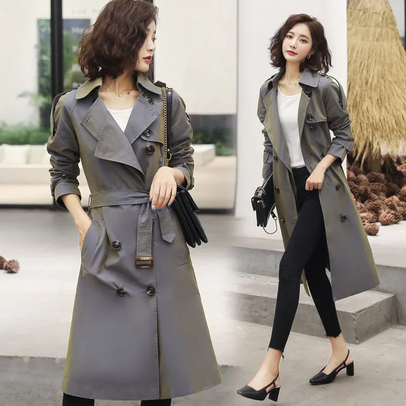 

2019 Autumn New Style Square Collar Double Breasted Long Sleeve Mid-length Slim Fit Dacron Solid Color Trench Coat