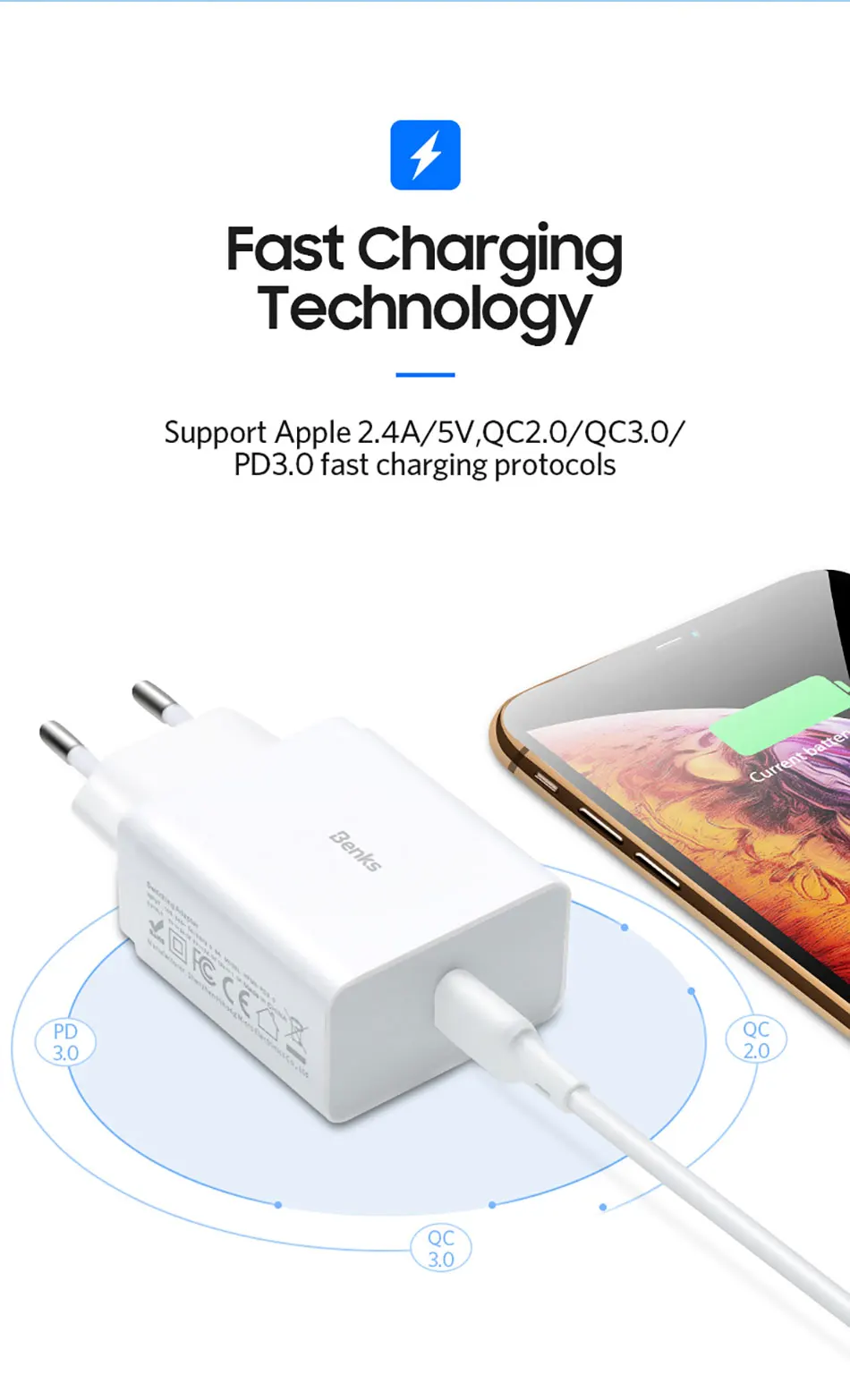 Benks PA31 PD USB C зарядное устройство адаптер для iPhone XS 11 Pro MAX X XR 8Plus Xiaomi Быстрая зарядка 18 Вт EU type-C порт Quick Charge 3,0