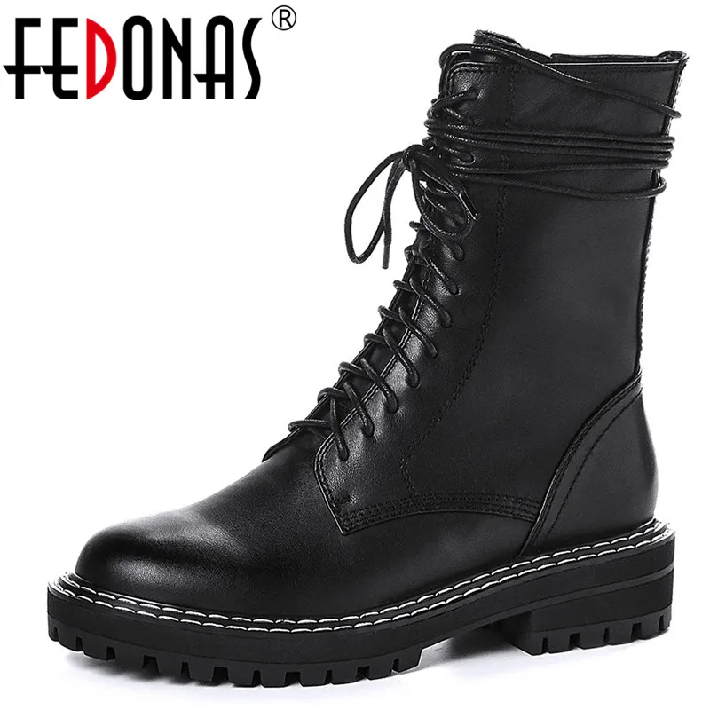 

FEDONAS Classic Women Cross Tied Punk Ankle Boots Autumn Winter Fashion Genuine Leather Motorcycle Boots Night Club Shoes Woman