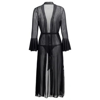 

Sexy Lingerie Night Dress with String Black Nightgown Ladies Half Flare Sleeve See Through Knee-length Cardigan Exotic Nightgown