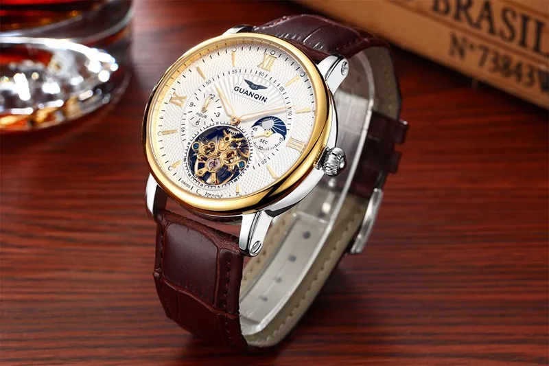 GUANQIN, мужские часы, Лидирующий бренд, роскошные Tourbillon, автоматические механические часы, мужские водонепроницаемые наручные часы с скелетом, Relogio Masculino