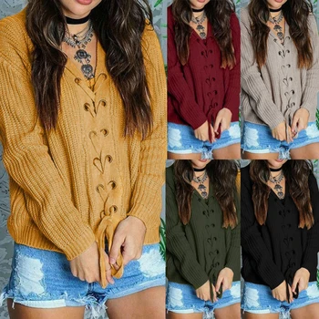 

New Autumn Winter Knitted Sweater Women Solid Casual V Neck Drawstring Pull Femme Modish Slim Tricot Jumper Sexy Full Pullovers