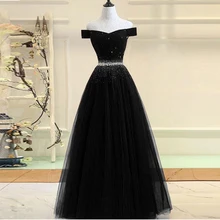 Винтажное черное Тюлевое вышитое бисером длинное выпускное платье трапециевидной формы дешевые женские вечерние платья размера плюс платья для выпускного вечера халат с оборками De Soiree Longue