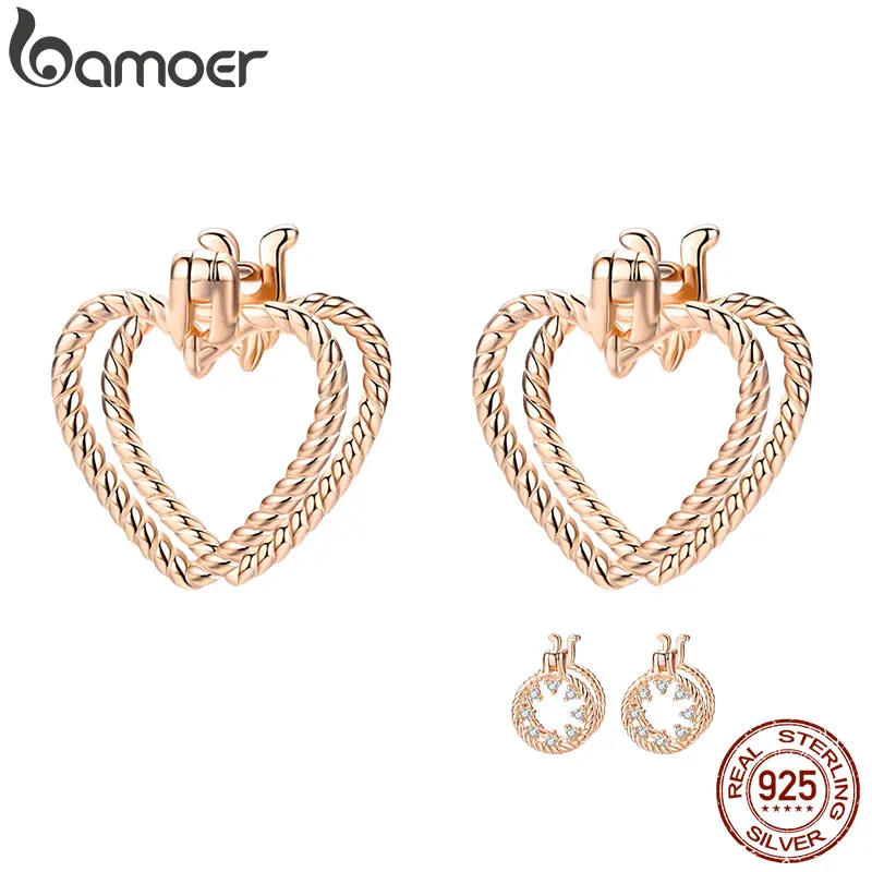 Bamoer минималистичные серьги Двойные сердца для женщин 925 пробы серебро розовое золото цвет корейский 925 пробы серебряные ювелирные изделия SCE696