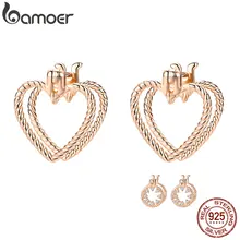 Bamoer минималистичные серьги Двойные сердца для женщин 925 пробы серебро розовое золото цвет корейский 925 пробы серебряные ювелирные изделия SCE696