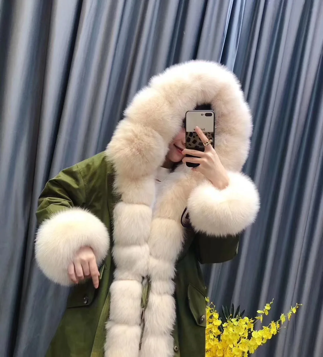 Натуральное меховое пальто для женщин зима Новая Модная парка длинный стиль Настоящий Лисий воротник с Настоящий мех кролика подкладка для одежды оверсайз