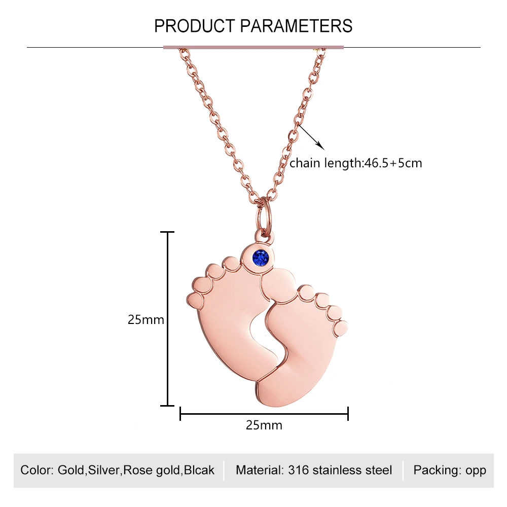 Подгонянное имя ребенок ноги ожерелье Ребенок отпечаток ног кулон 12 цветов кристалл серебро черный розовое золото стальная цепь женские ювелирные изделия