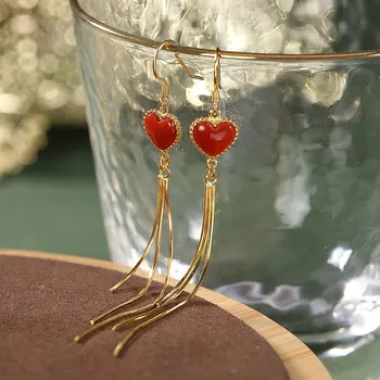 

LATS Real 925 Sterling Silver Gold Plated Heart Tassel Earrings for Women Red Agate Love Bohemia Drop Earring 2020 Fine Jewelry