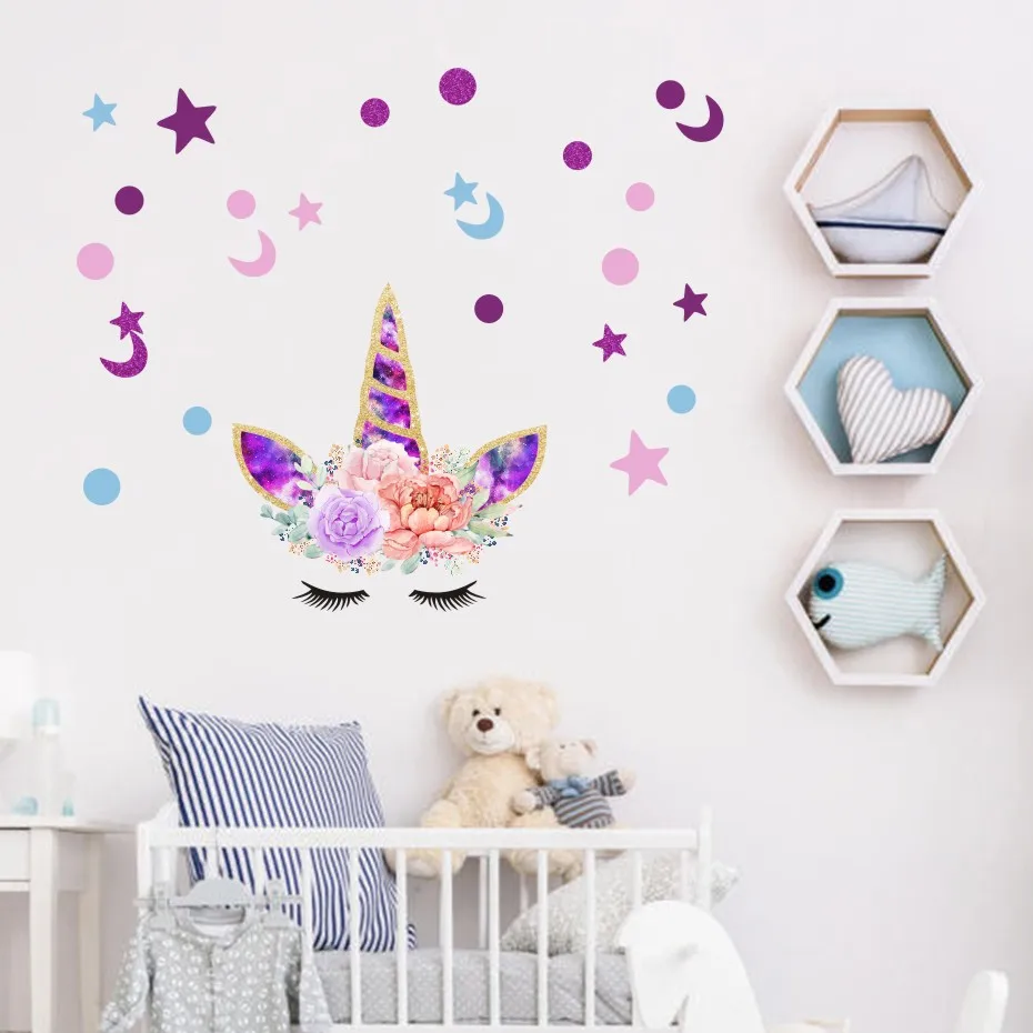

Pretty Elegant Unicorn with Flowers wall Stickers DIY Dot Stars Moon Decals For Kids Baby Room Door Art Vinyl Home Decor Mural