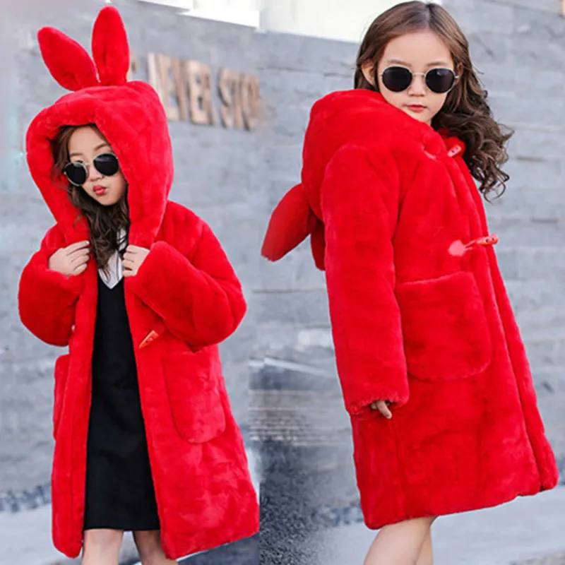 lower price 2019 Baby Teenage Winter Cartoon Thick Children Parka Kids Girls Faux Fur Fleece Ear Hooded Coats d