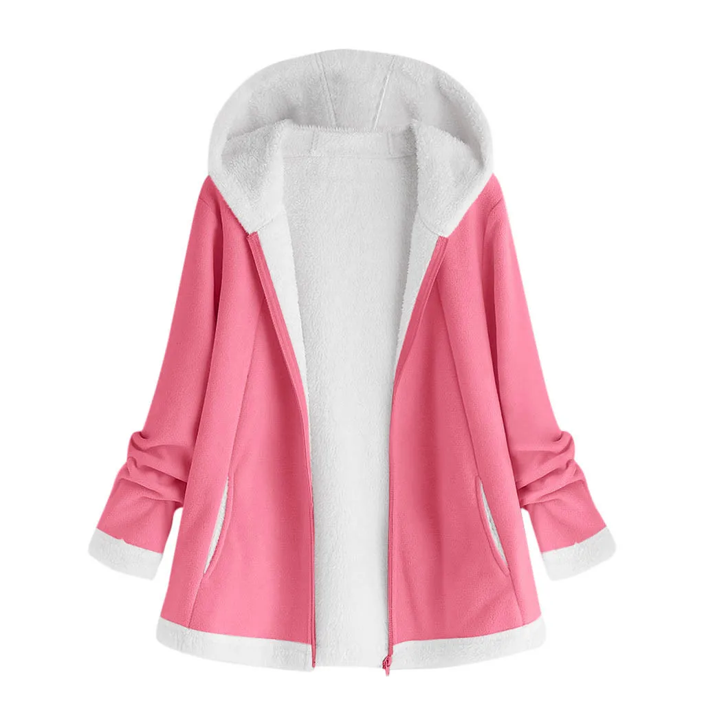 Women's Coats Fashion Winter Pocket Zipper Long Sleeve Plush Hoodie Coat Woman Casual Warm Winter Jacket Oversize Coats#G15