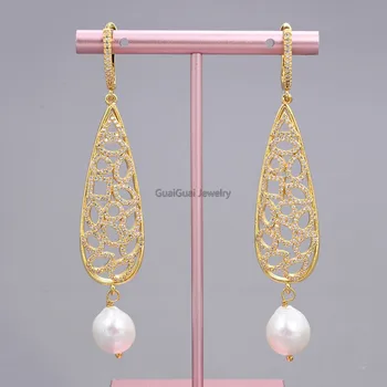 

GG Jewelry Natural 12x13mm White Keshi Pearl Yellow Golden Plated CZ Paved Hook Earrings