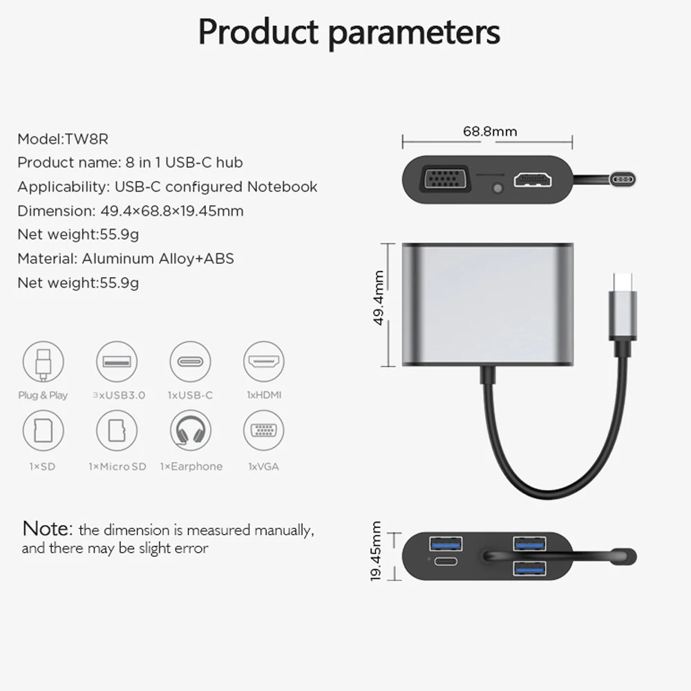 ОВБР 8 в 1 Тип c к HDMI концентратор Кабель Переходник USB C на VGA + 3 порта 5 мм Aux SD
