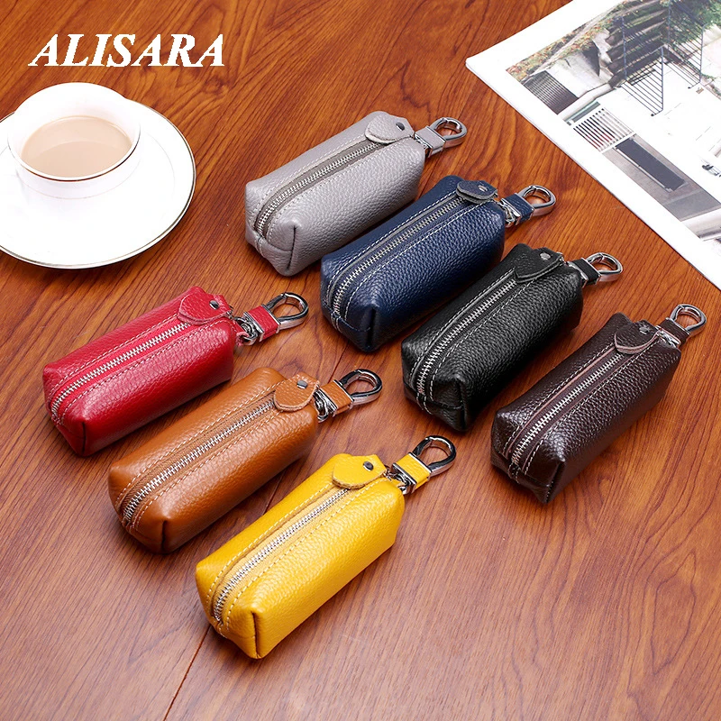

Key wallet leather First layer cowhide key holder Car Key wallet vintage soft skin Key case Key bag zipper large capacity