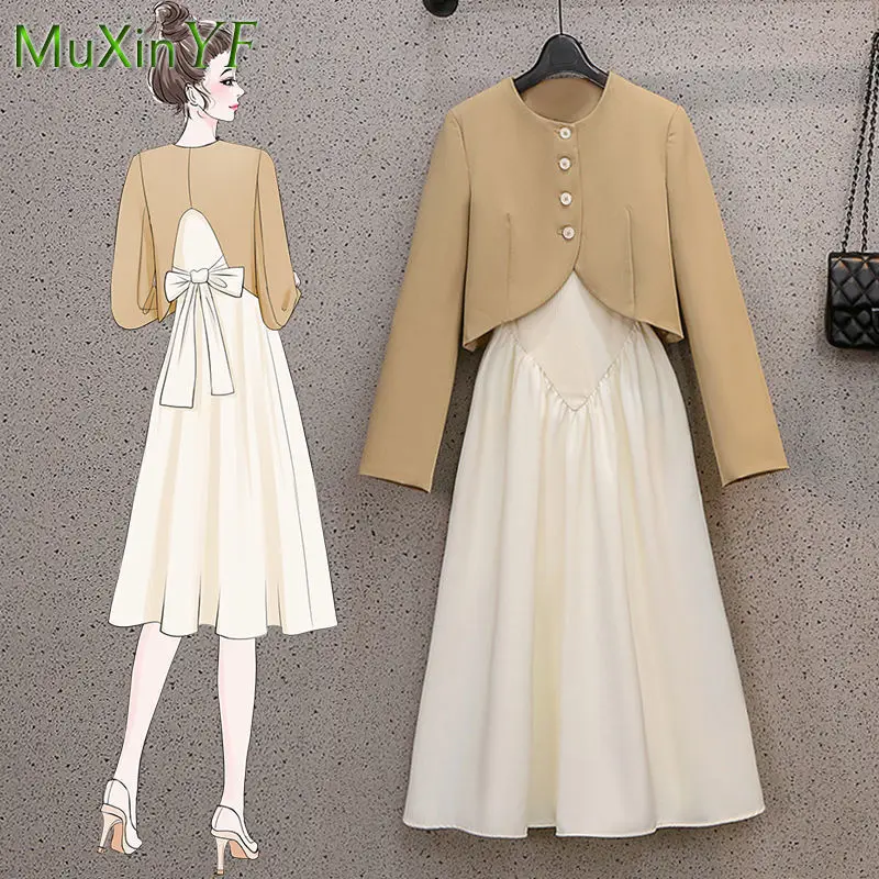 2021 Spring Autumn New Bow-knot Vintage Blouse Jacket Dress Two-piece Korean Fashion Elegant Top Suspender Midi Skirt Suit