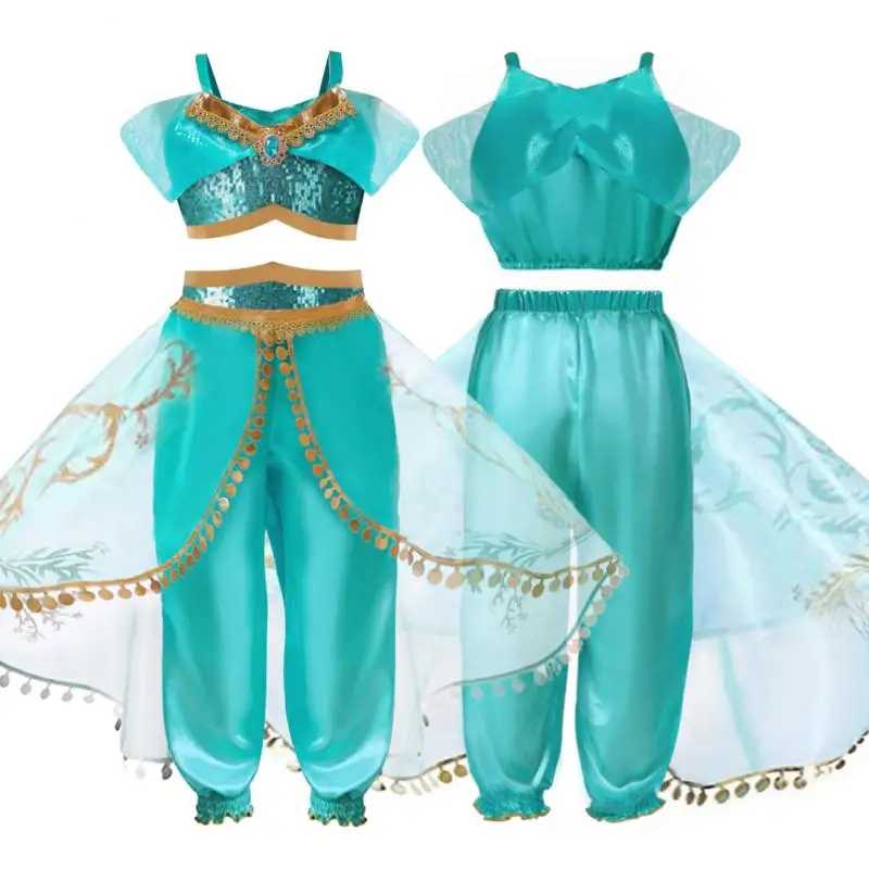 

Kids Aladdin Cosplay Costume Princess Jasmine Outfit Set Party Girls Fancy Dress Princess Jasmine Top + Pants Two Piece Set