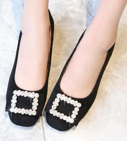 black with plush Стразы металлическим квадратным украшением женские низкие Туфли-лодочки с ярким бантом Мокасины без застежки с квадратным носком; балетки на плоской подошве; однотонная повседневная женская обувь модные эспадрильи - Цвет: black with plush