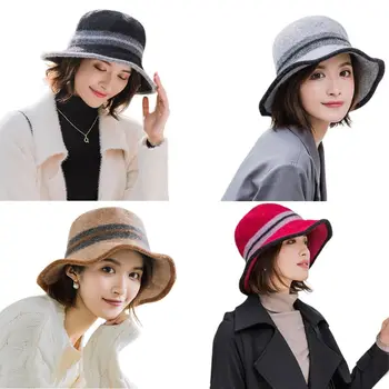 

Fashion Women Winter Soft Cashmere Bucket Hat Lady Female Casual Simple Style Knitted Warm Round Top Fishermen Cap 4 Colors