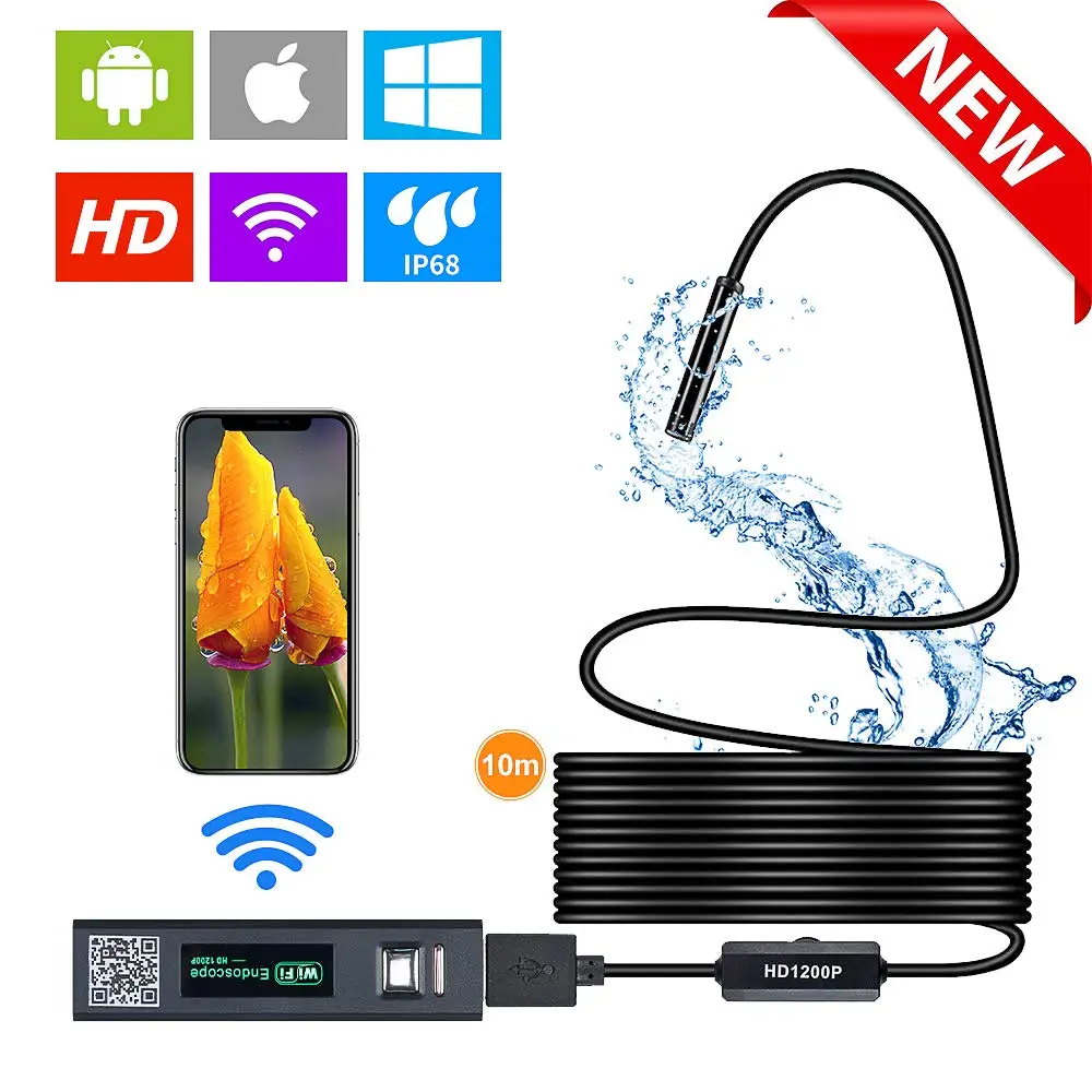 WIFI Endoscope Camera HD 1200P 10/5/3.5/2/1M Mini Waterproof Hard Wire Wireless 8mm 8 LED Borescope Camera For Android IOS Mac W