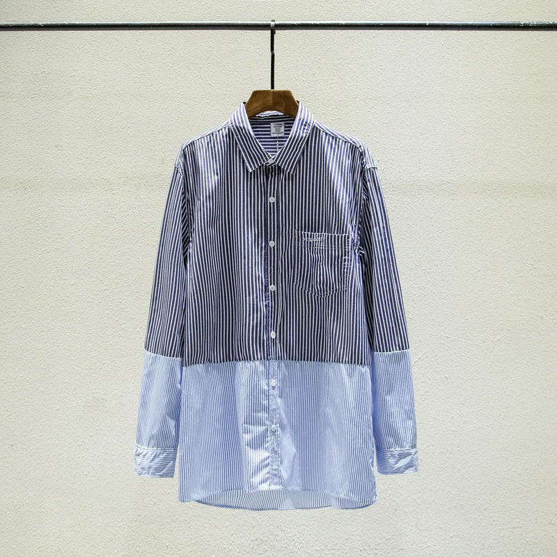 2019FW, лучшая версия, Vete, для мужчин, ts, сотрудничество, рубашка, негабаритная, в полоску, пэчворк, сшитая, для женщин, мужчин, рубашки, хлопок, повседневные рубашки