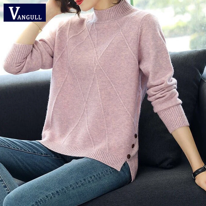 Tanie Vangull pół dziergane swetry z golfem kobiety z długim rękawem gruby miękki sweter swetry 2019 zima nowy jednolity najniższy koszulka