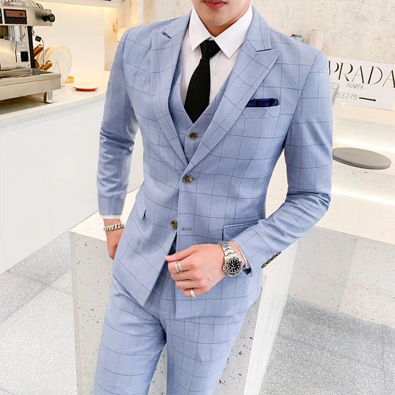 Мужской клетчатый комплект из 3 предметов на выбор, бежевый и синий пиджак и брюки жилет, деловой Свадебный костюм S-5XL
