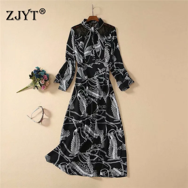 

Fashion Runway Dress Women Spring Summer Clothes New 2020 Elegant Bow Neck Lace Patchwork Vintage Print Casual Mid Calf Dress