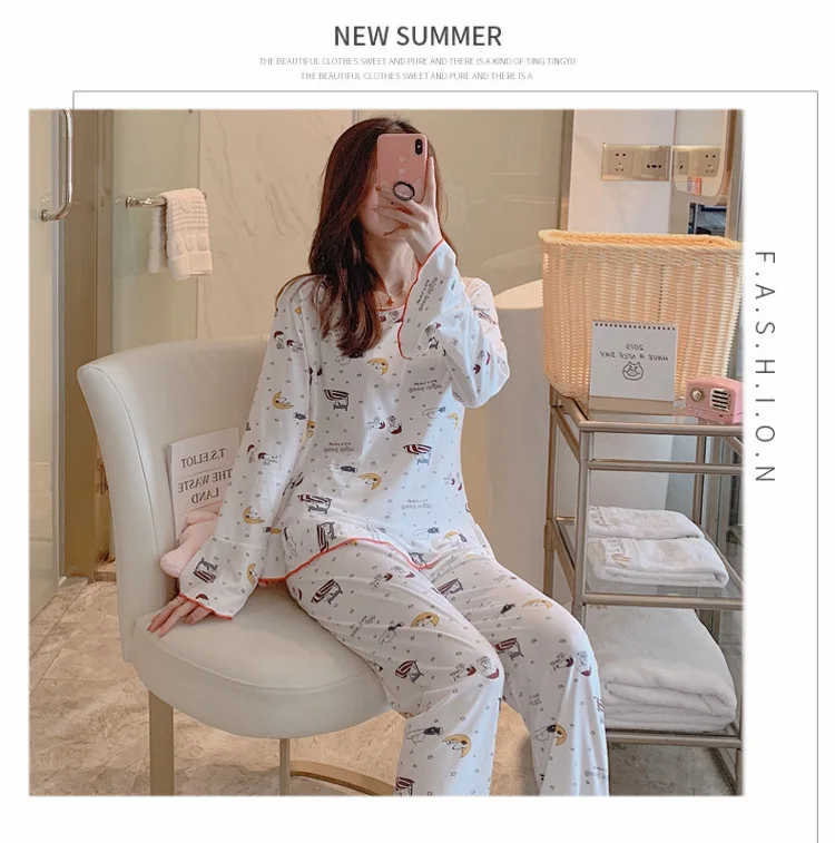 Wontive Autumn Women Long Sleepwear Suit Home Women Gift Female Sleepwear Cartoon female big plus size womens pajamas Sets