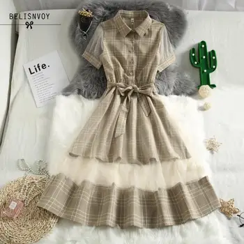 

Elegant Turn-Down Collar Splice Mesh With Belt Dress Women Summer Office Tulle Casual Elegant Dresses Party Fashion Vestidos