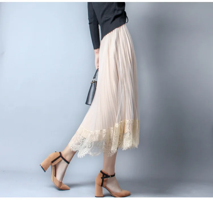 Осенняя Женская плиссированная юбка, зимняя кружевная юбка миди с высокой талией, бархатная Женская юбка, плиссированная юбка с высокой талией, Jupe Femme