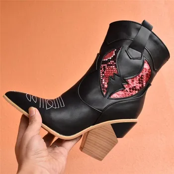 

Classic Mixed Colors Pointed Toe Cowboy Ankle Boots Women Wedge High Heel Booties Snake Print Western Cowgirl Boot 2020 Female