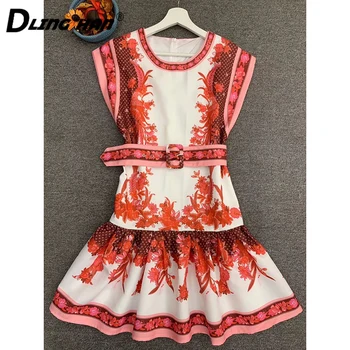 

DLNGHAN Fashion Print Mini Dress Women's Elegant O-Neck Ruffles Hem Sleeveless Dress Spring Summer New