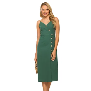 

2019 Sexy V-neck Single-breasted Backless Solid Cotton Linen Dresses Summer Peplum Women Dress Long Sleeve